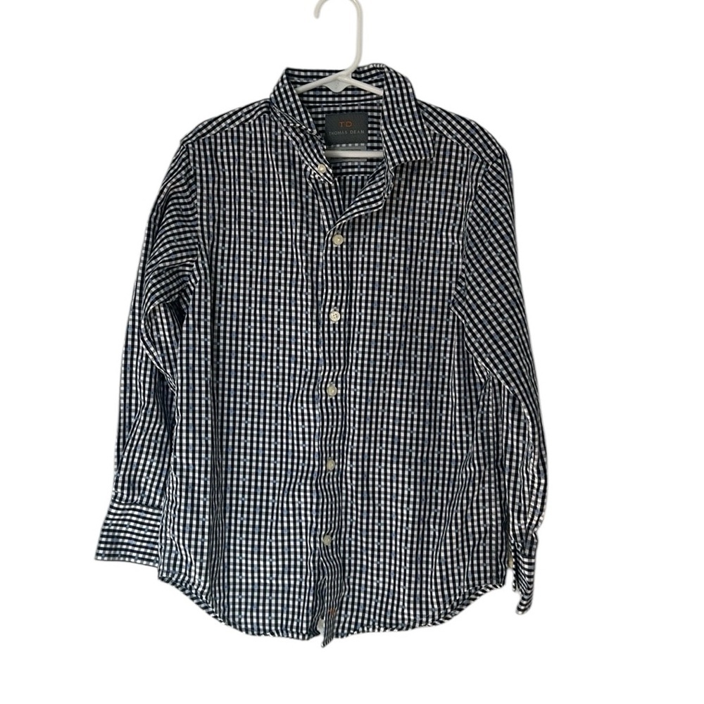 Thomas Dean TD Boys Blue & White Checked Button Down Dress Shirt Size XL 7